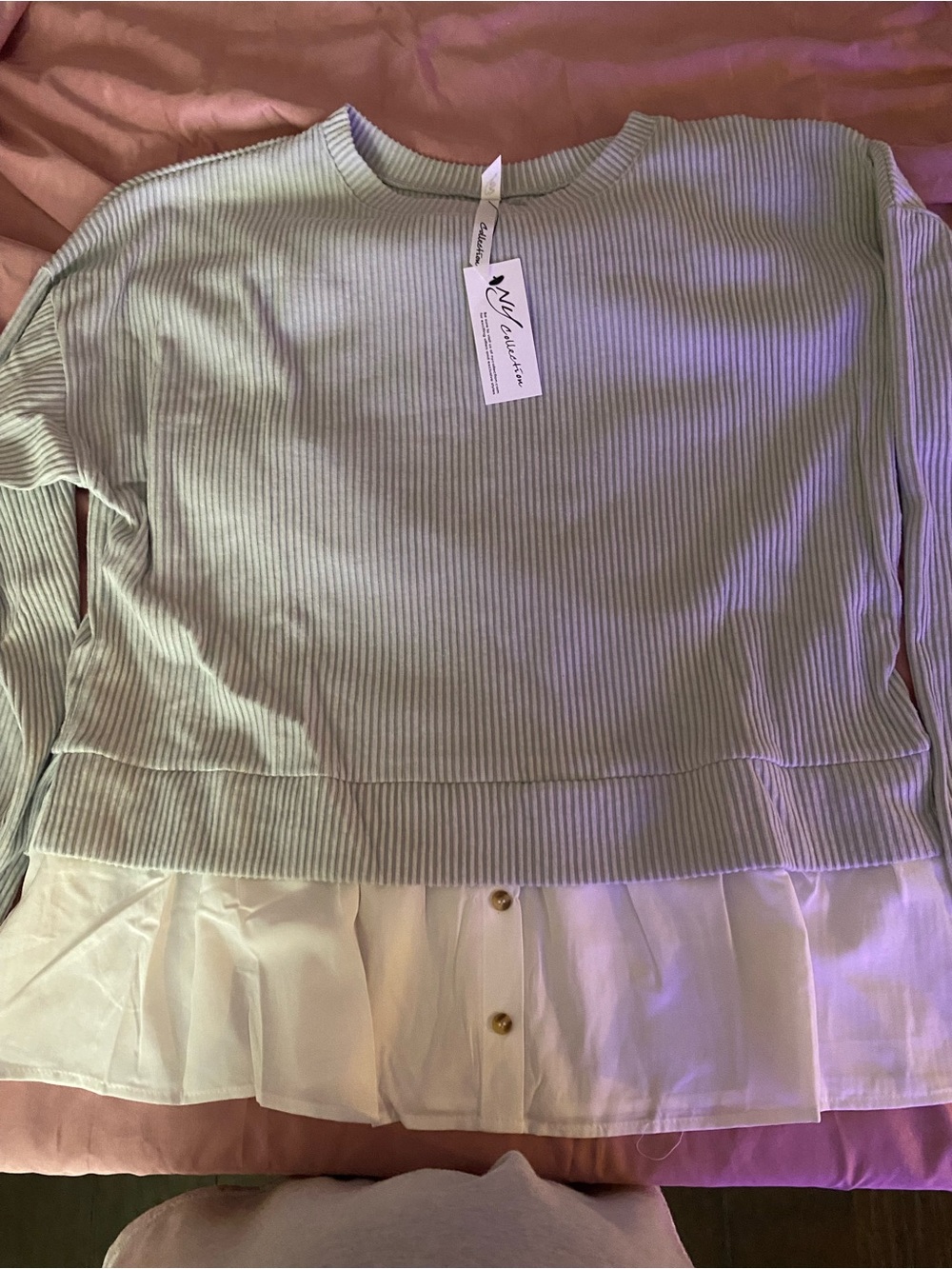 NY Collection Sage Ribbed Knit Top with Ivory Tag Detail